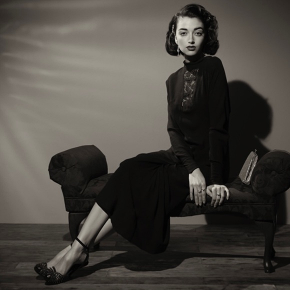 vintage 1930s black crepe mourning dress lace cutout, front gathers, Buttons - Picture 1 of 14